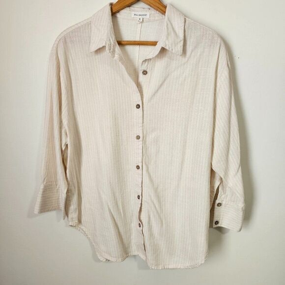 EUC BLU PEPPER PINSTRIPE LINEN BLEND BUTTON DOWN SHIRT TOP SIZE M - Picture 1 of 13